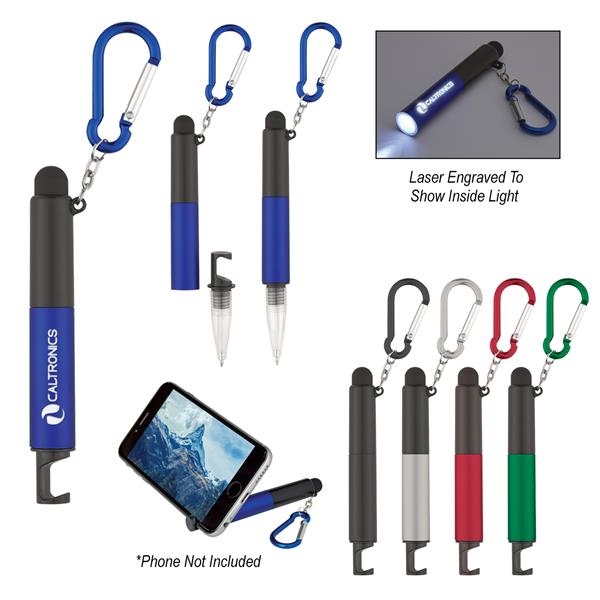 Custom Printed 4-in-1 pen with a stylus, light, phone holder, light-up pen, and carabiner attachment