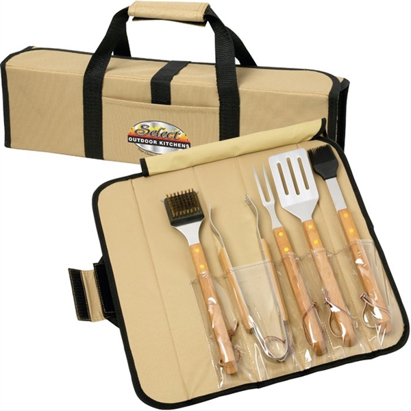 Canadian Manufactured 5 Piece Bamboo BBQ Sets With Roll Up Cases, Custom Imprinted With Your Logo!
