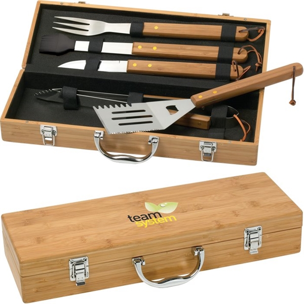 Canadian Manufactured 5 Piece Bamboo BBQ Sets, Customized With Your Logo!