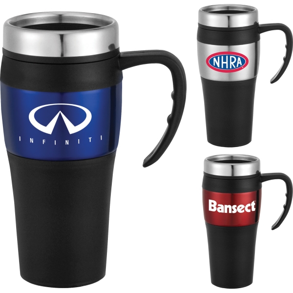 Stainless Steel Comfort Grip Handle Travel Mugs, Custom Designed With Your Logo!