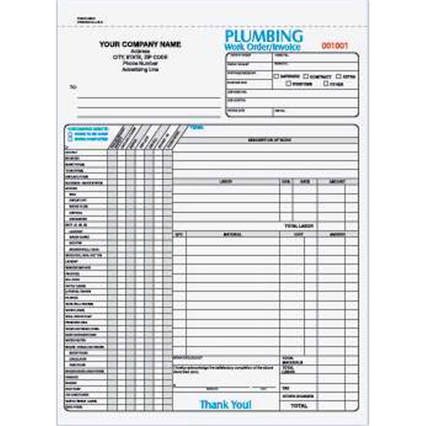 Plumbing Three Part Work Order / Invoice Forms, Custom Made With Your Logo!
