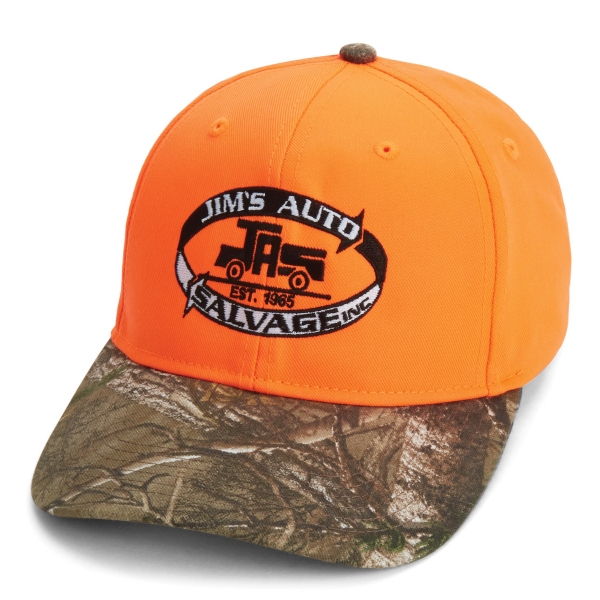 Orange Hats With A Camouflage Patch, Custom Printed With Your Logo!