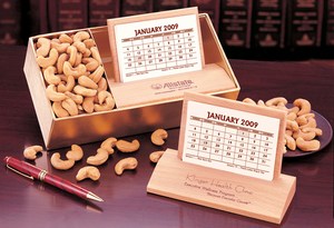 Hardwood Desk Calendar and Food Gift Sets, Custom Decorated With Your Logo!