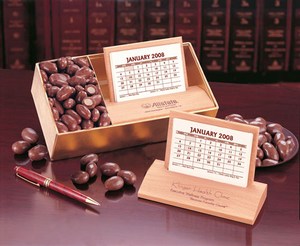 Hardwood Desk Calendar and Food Gift Sets, Custom Decorated With Your Logo!