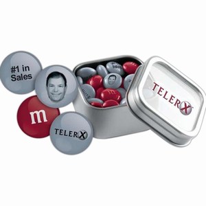 M&M Chocolate Candy Silver Tins, Custom Imprinted With Your Logo!
