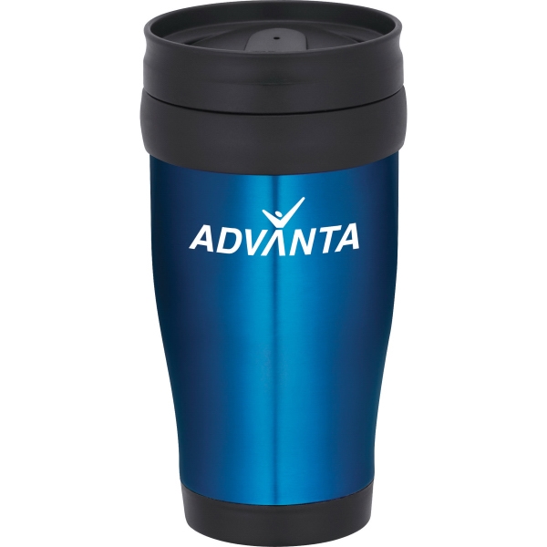Blue and Red Travel Mugs, Custom Printed With Your Logo!