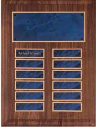 Walnut Perpetual Plaques With Sapphire Marble Plates, Custom Made With Your Logo!