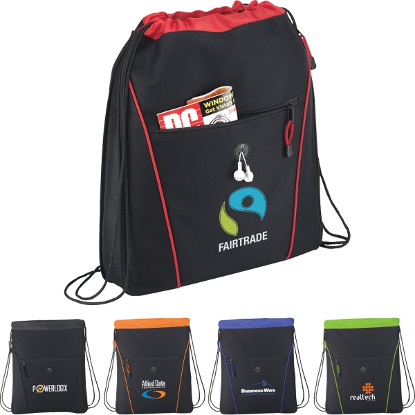 Drawstring Backpacks with MP3 Player Slots, Custom Printed With Your Logo!