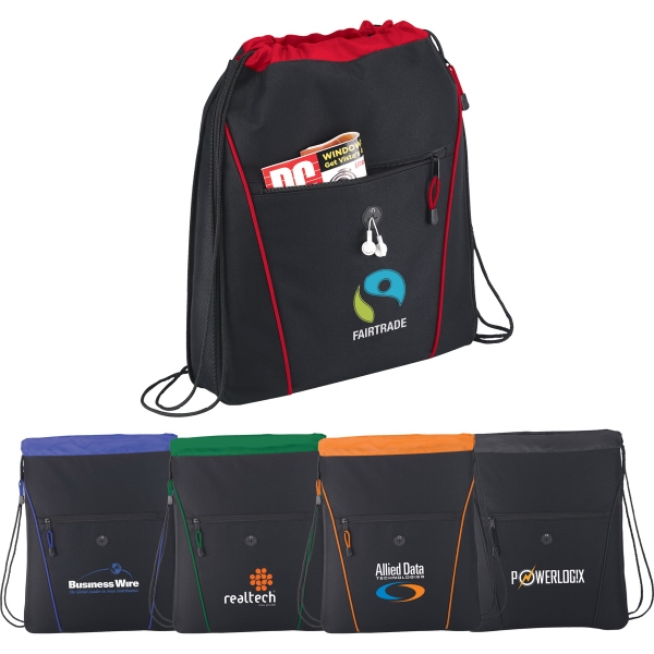 1 Day Service Drawstring Backpacks with MP3 Player Slots, Customized With Your Logo!