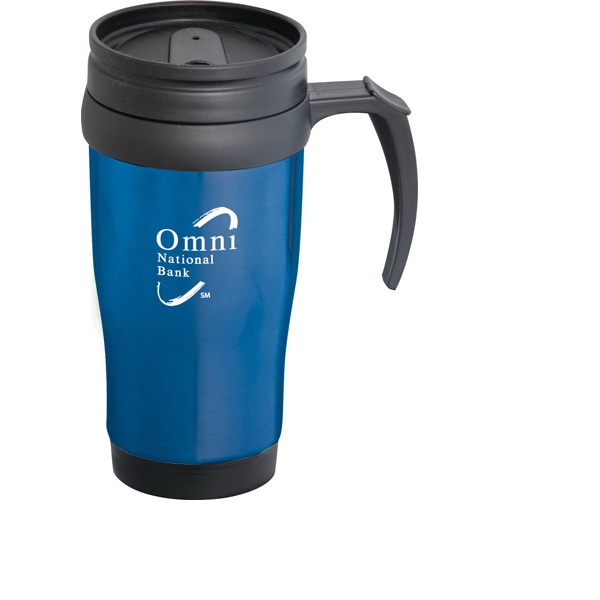 Stainless Steel with Handle and Plastic Liner Travel Mugs, Custom Imprinted With Your Logo!