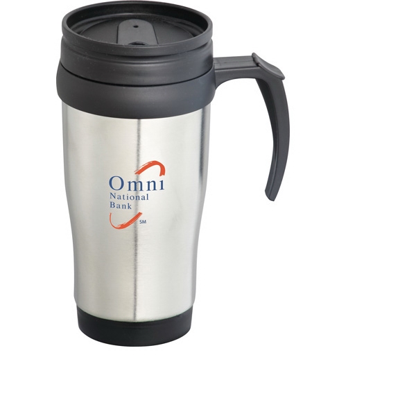 Stainless Steel with Handle and Plastic Liner Travel Mugs, Custom Imprinted With Your Logo!