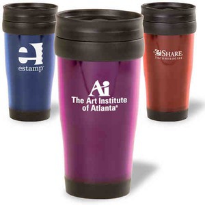 Translucent Plastic and Stainless Steel Travel Mugs, Custom Printed With Your Logo!